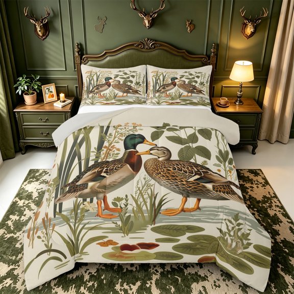 Manfei Wild Duck Print Full Size Comforter Sets,Farmhouse Mallard Bedding Comforter Set,Light Gray Reversible,3-Piece,1 Comforter and 2 Pillowcases