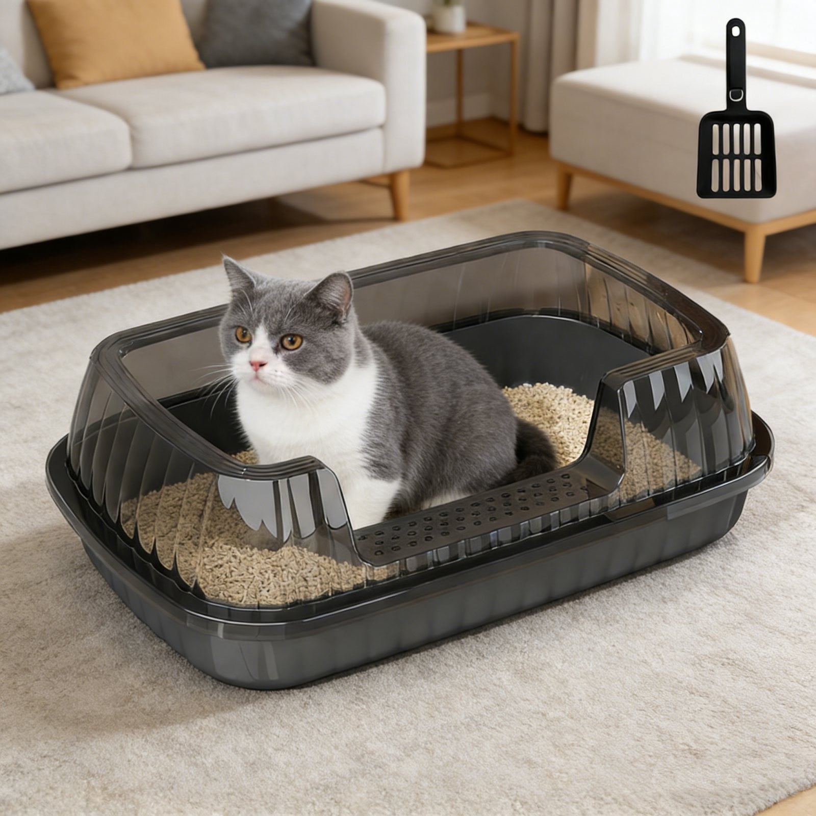 Dark Grey Semi Enclosed Cat Litter Box With Top Entry Lid High Sides Includes Scoop Odor Control Easy Clean 14X11X5 Inch Multiple Colors