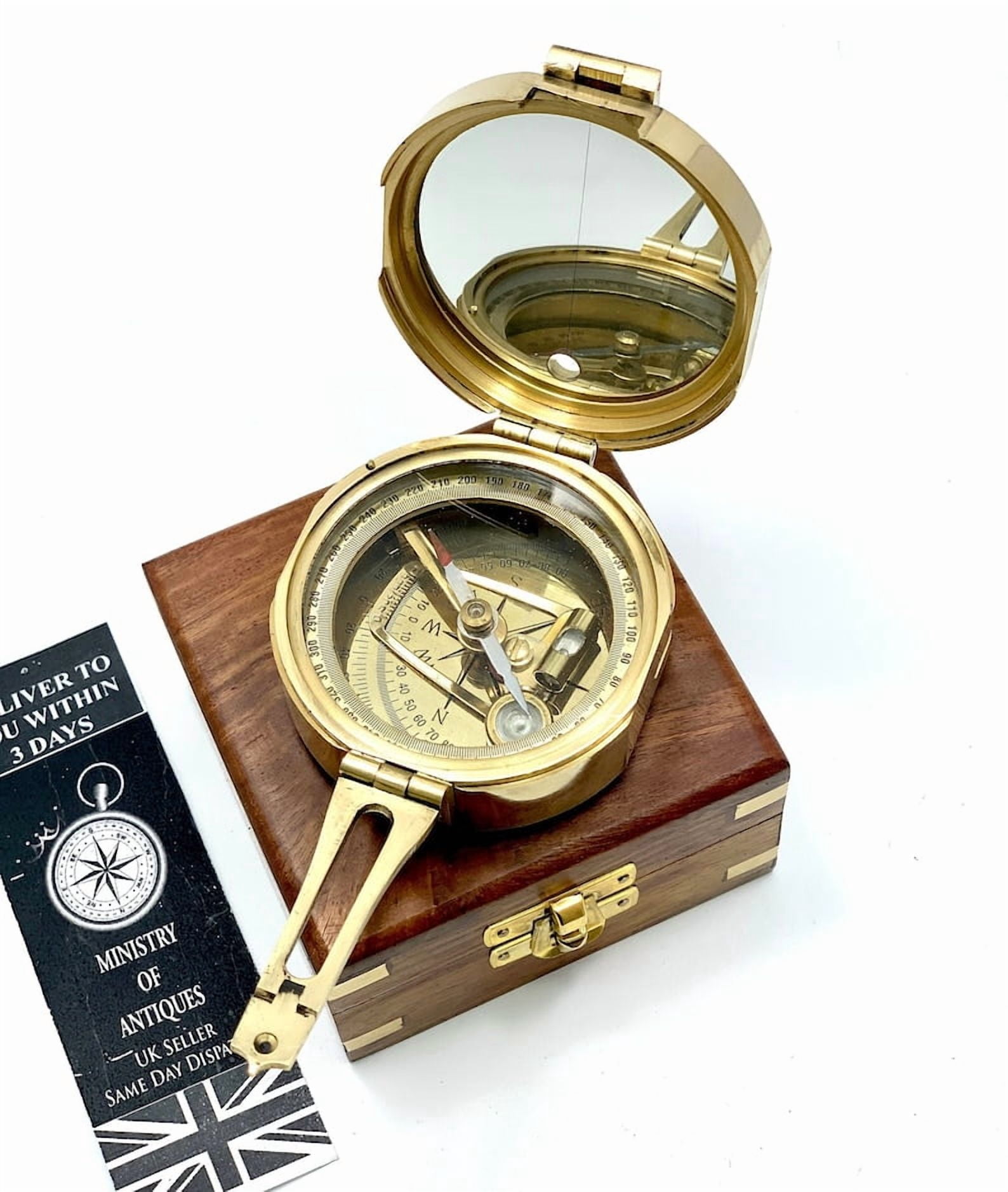 Brunton Nautical Geological Compass in Wooden Box | Handmade Brass Military Transit Surveying & Geology Thumb Compass | Heavy-Duty Collectible Instrument