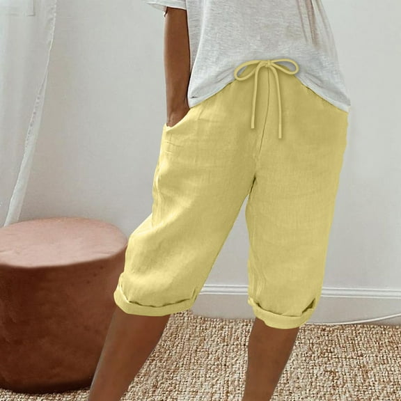 Puntoco Flare Leg Pants for Women Women'S Solid Color Shorts Casual Women'S Shorts Capris On Clearance Yellow 10(XL)