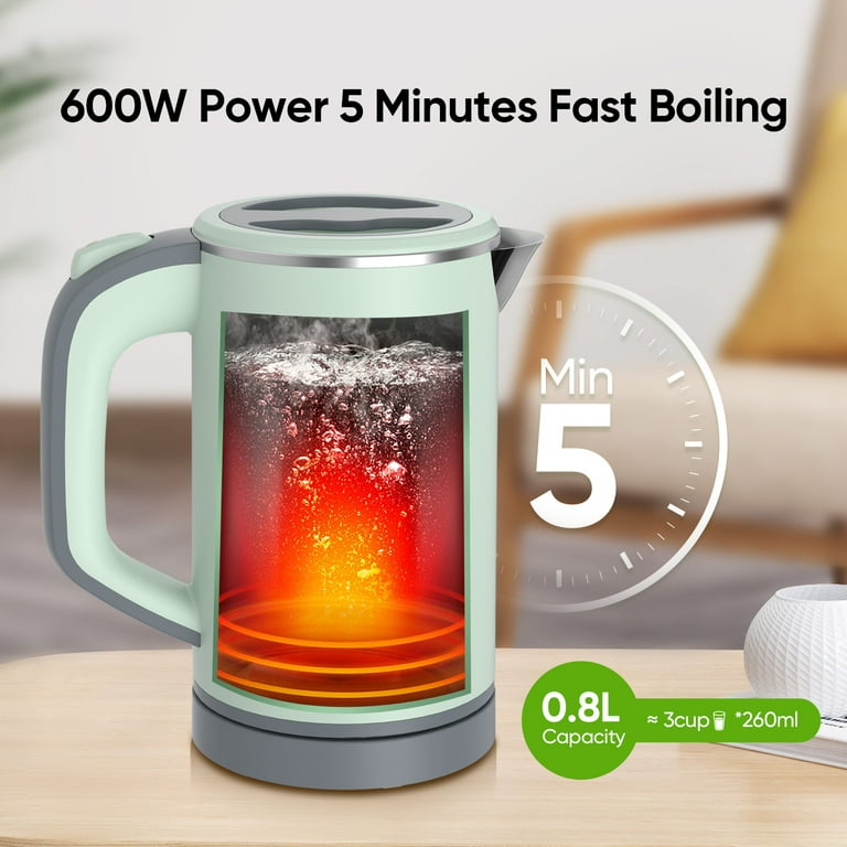 Small Electric Kettle, Travel Mini Hot Water Boiler Heater, 304 Stainless  Steel 0.8L Portable Electric Kettles for Boiling Water, 600W 5 Mins Coffee  Kettle Travel Teapot with Auto Shut-Off Green 