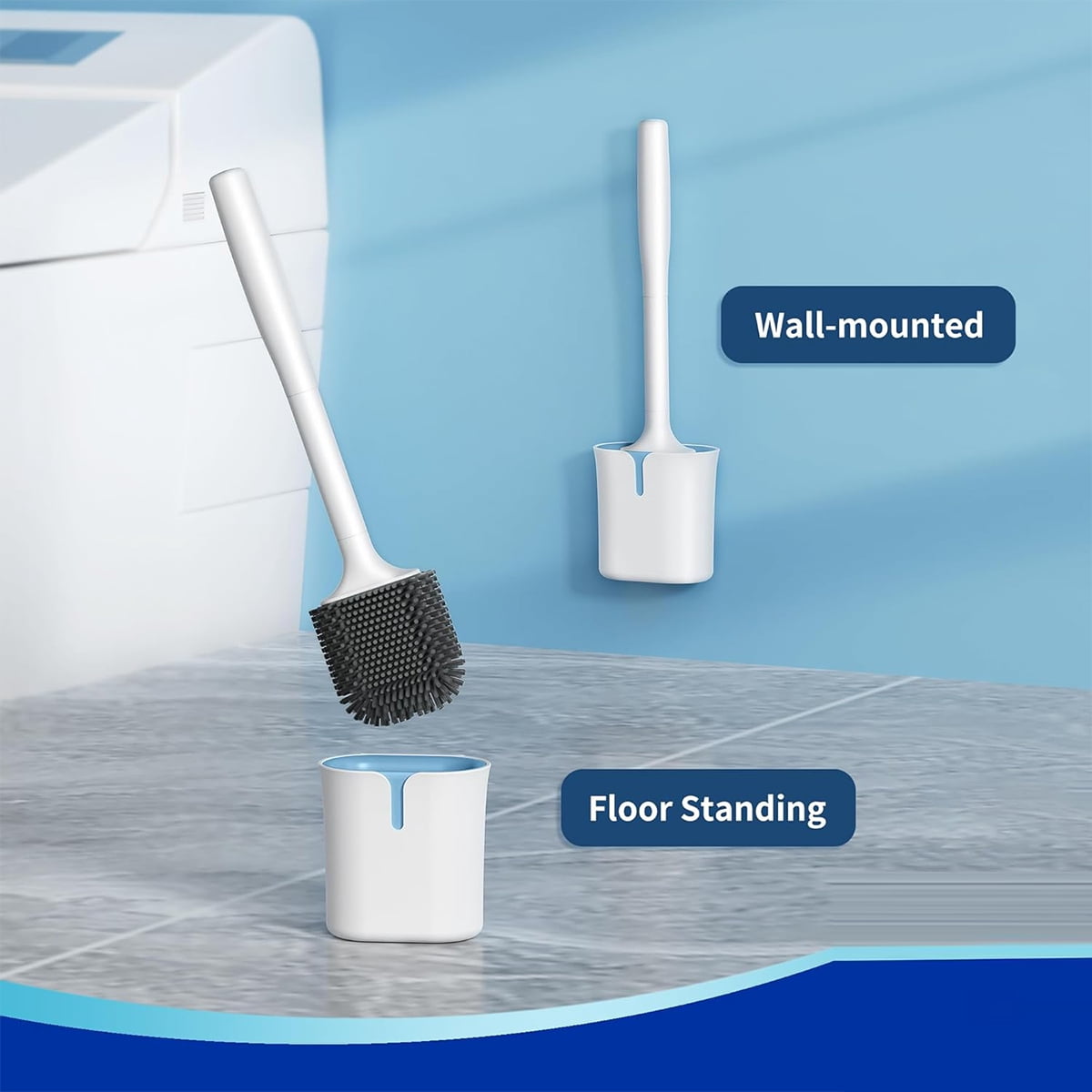 Toilet Brush and Holder, Wall Mounted for Bathroom Cleaning, Compact Set, White