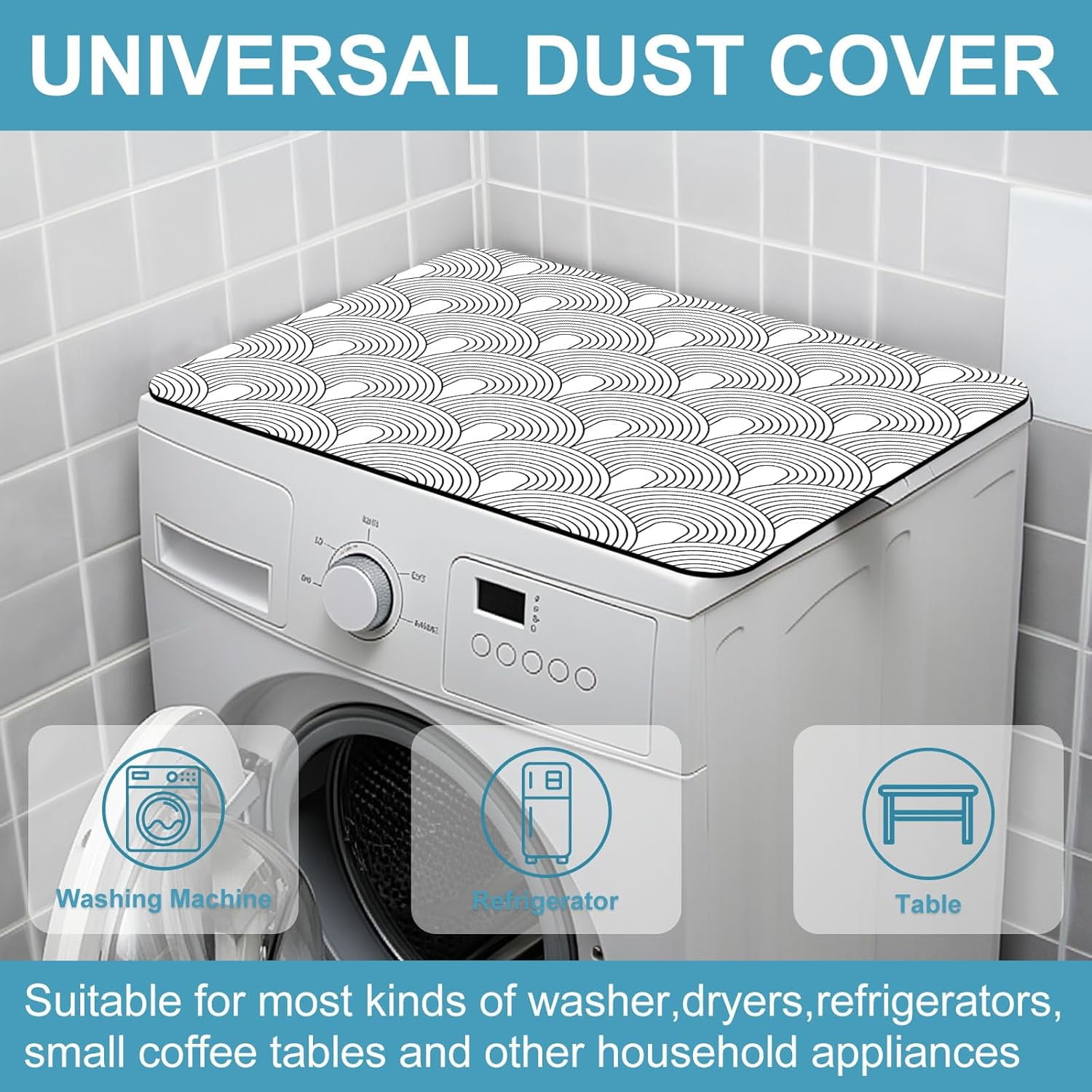 Non-Slip Washer & Dryer Top Cover Protector Mat Dust-Proof Washing Machine Cover Pad With Black White Modern Arched Design Universal 23.6"x19.7" for Laundry Room & Kitchen Decor