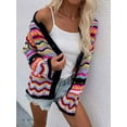thumbnail image 5 of Women'S Multicolored Striped Crochet Knit Cardigan Crew Neck Flared Sleeve Button Y2K Sweater Coat Black S, 5 of 10