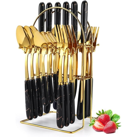 Gold Silverware Set, 24 Pieces Flatware Set with Silverware Holder, Stainless Steel Knives Forks Spoons Cutlery Set Service for 6, Kitchen Utensil Tableware Set with Pink Handle (Black)