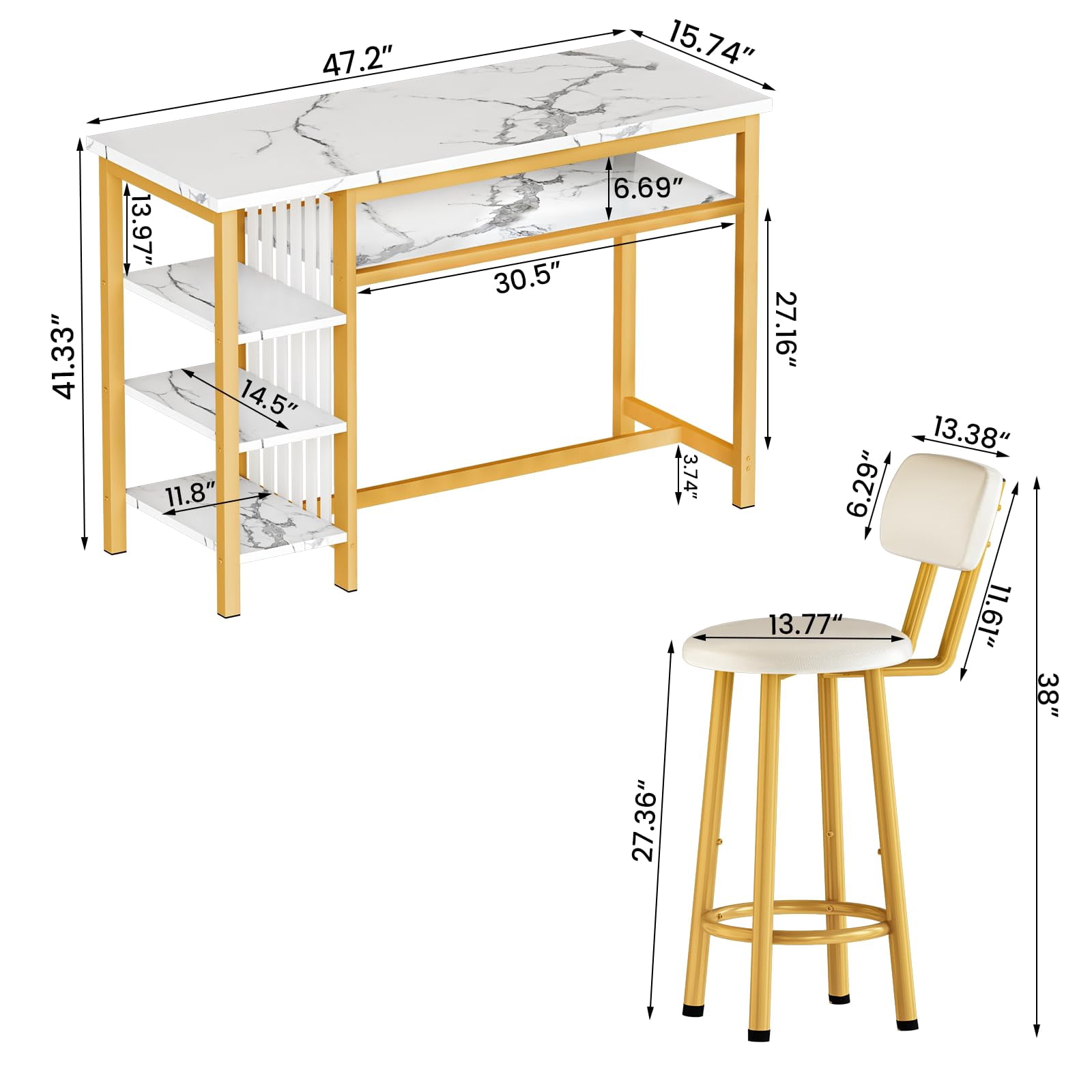 Lamerge Bar Dining Table Set for 2, 3 Piece Bar Table and Chairs Set, Kitchen Counter Height Dining Table Set, Small Kitchen Bar Table with Storage, Breakfast Nook Set for Small Space, White+Gold
