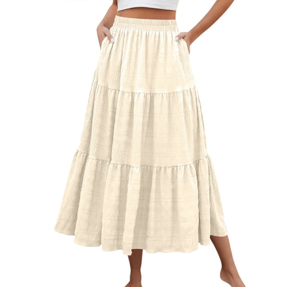 Maxi Skirt Womens Summer Casual Elegant Smock Layered Tiered High Waisted A Line Flowy Long Skirts with Pockets Khaki L