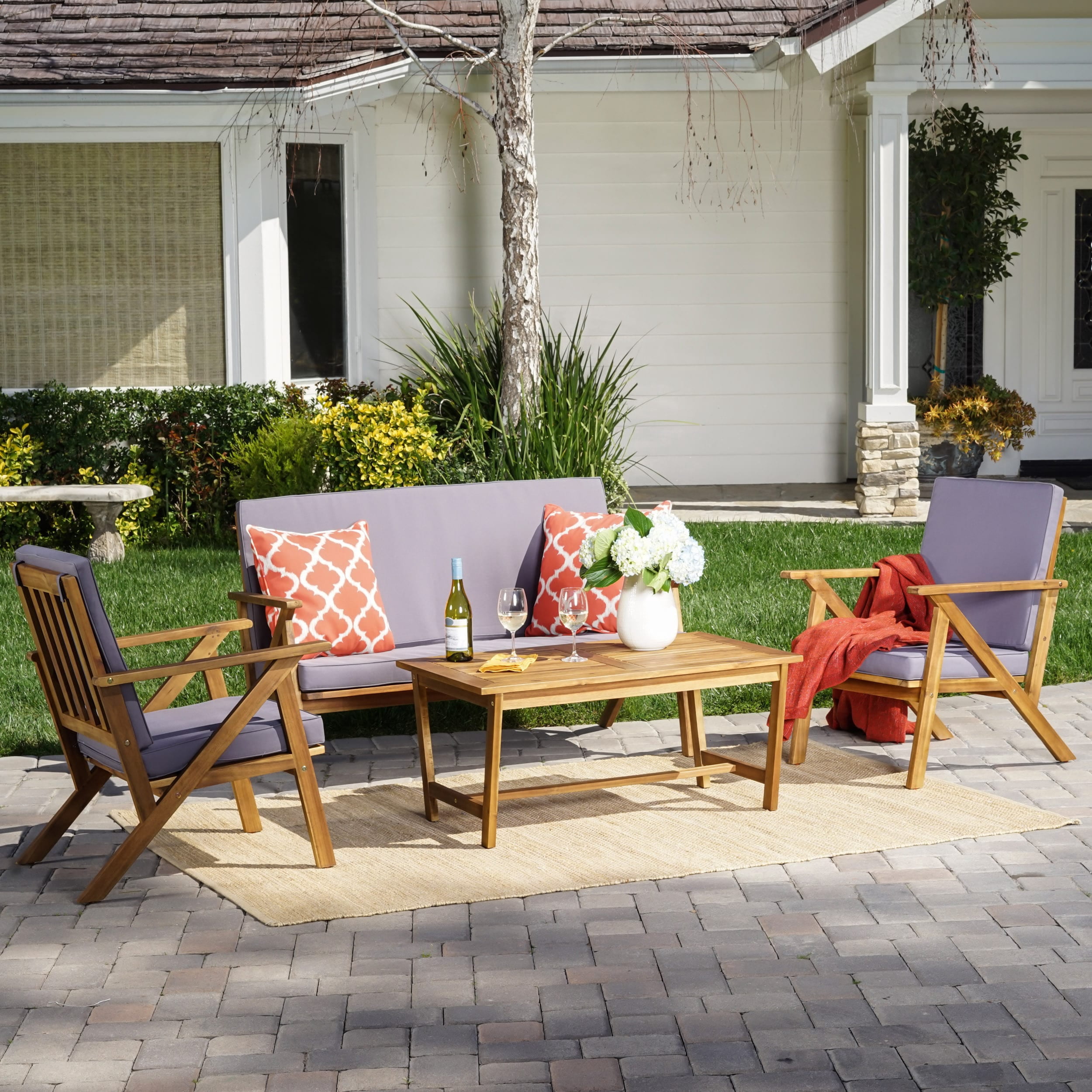 Panama 4pc Acacia Wood Patio Chair Set Teak Finish Christopher Knight Home Brickseek
