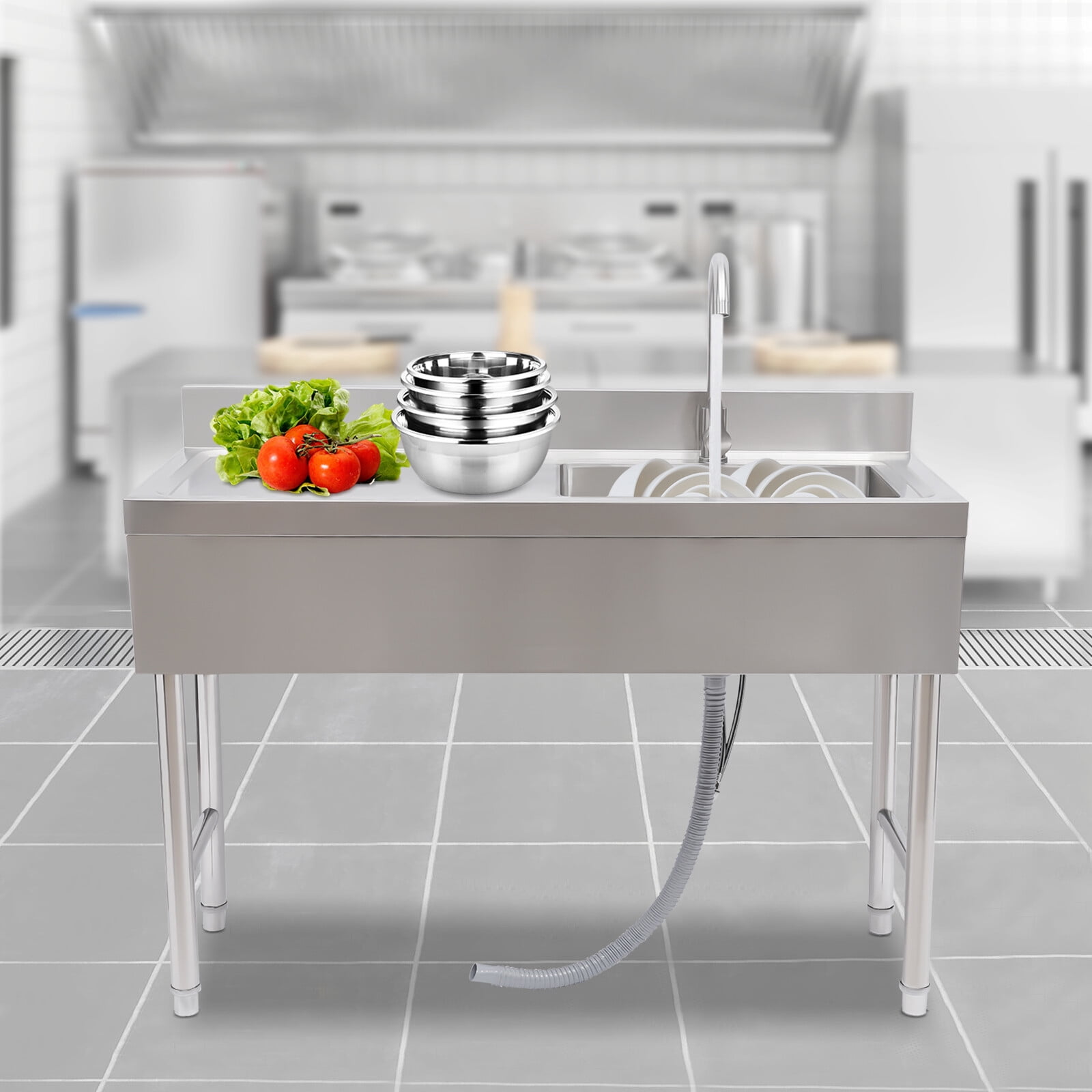 Freestanding Commercial Sink with Faucet, Single Bowl Stainless Steel Utility Sink for Kitchen, Laundry & Garage, Includes Faucet, Pipes & Adjustable Feet (47.2" X 19.6" X 31.5")