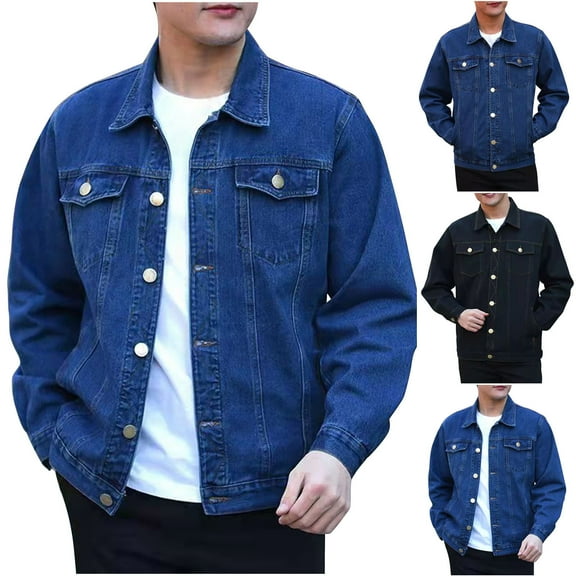 safuny Mens Classic Lapel Jean Jacket Casual Slim Trucker Cowboy Coat Pocket Front Casual Men Denim Jackets Black L