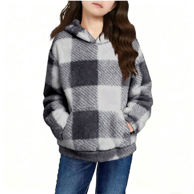 Girls' Casual Hooded Jacket with Pockets and Plaid Top Fashionable and Practical