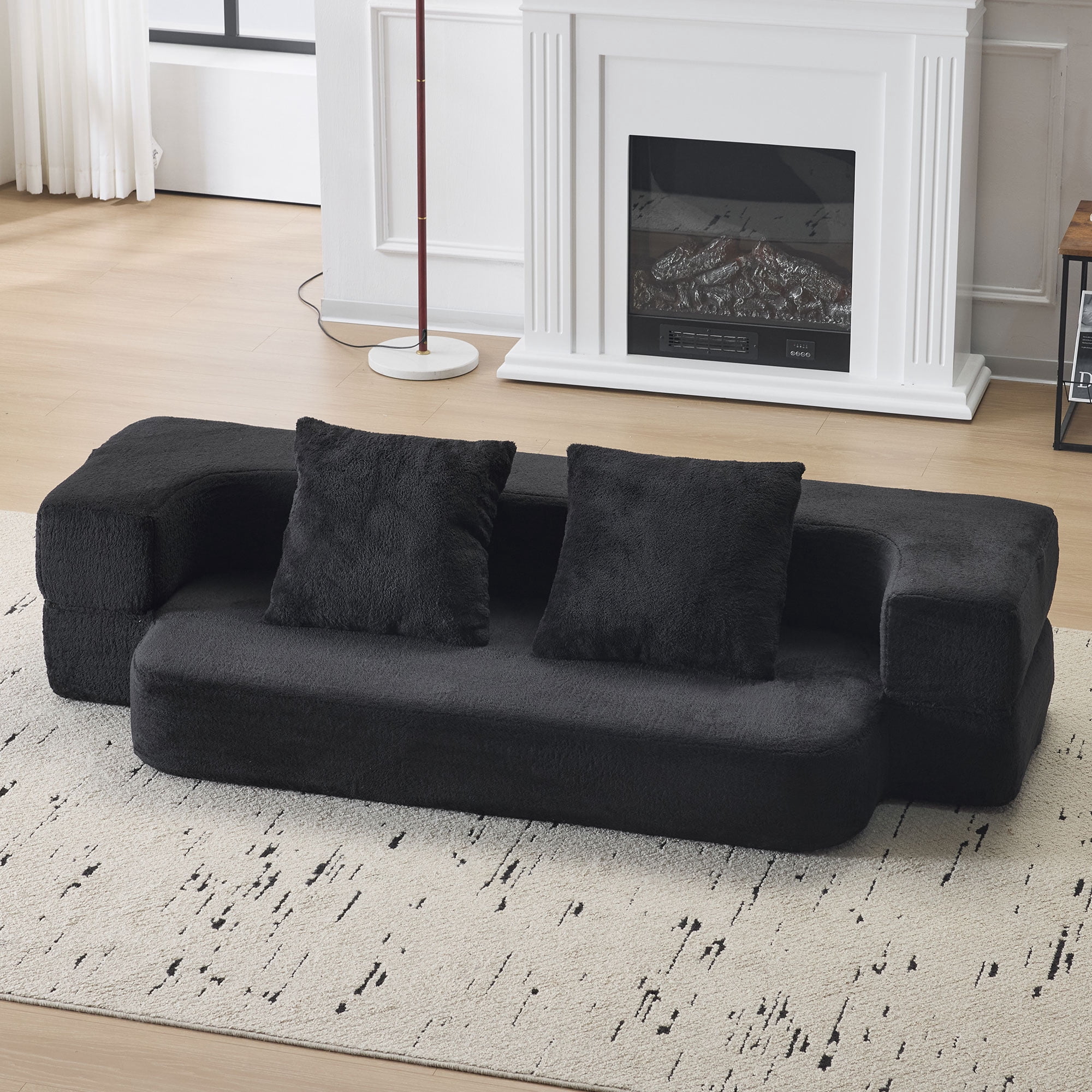 Jopath 75'' Futon Sofa Bed, Foldable Mattress Sofa Couch with Pillow Back & Armrest, Faux Fur Floor Couch Lounge Sleeper Sofa Bed for Living Room/Bedroom,No Assembly Required,Black