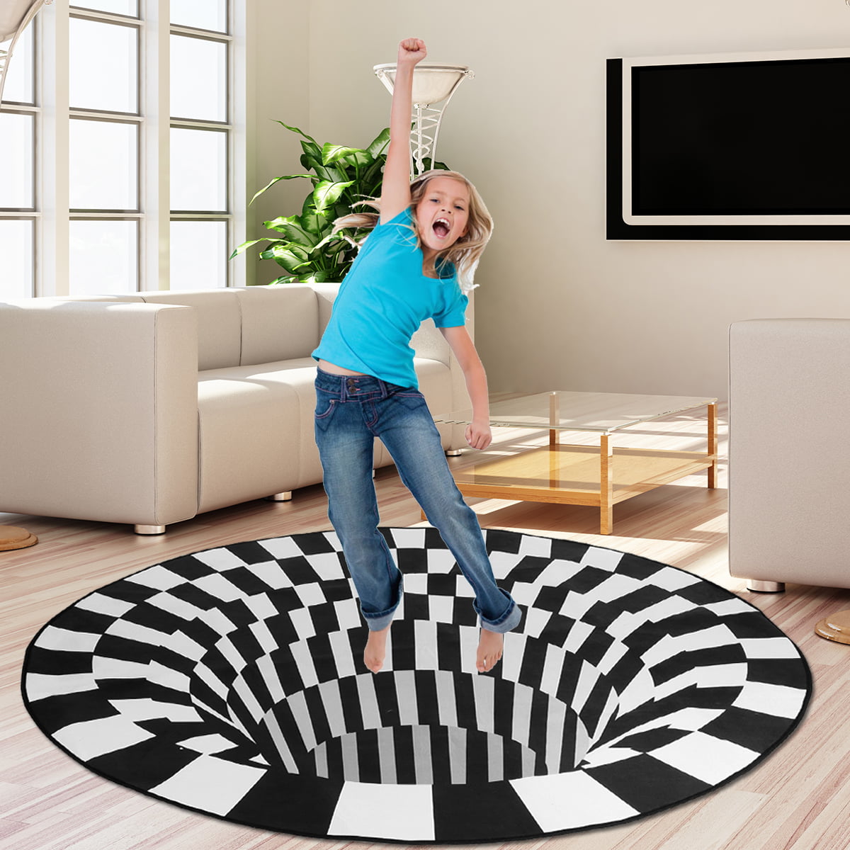 Color : STYLE1, Size : 180CM/70.8inch Anti-Slip Floor Mat Non-Woven for Home YYL 3D Illusion Carpet 3D Optical Area Rug Floor Mat Round Black White Plaid Visual Vortex Bottomless Hole 