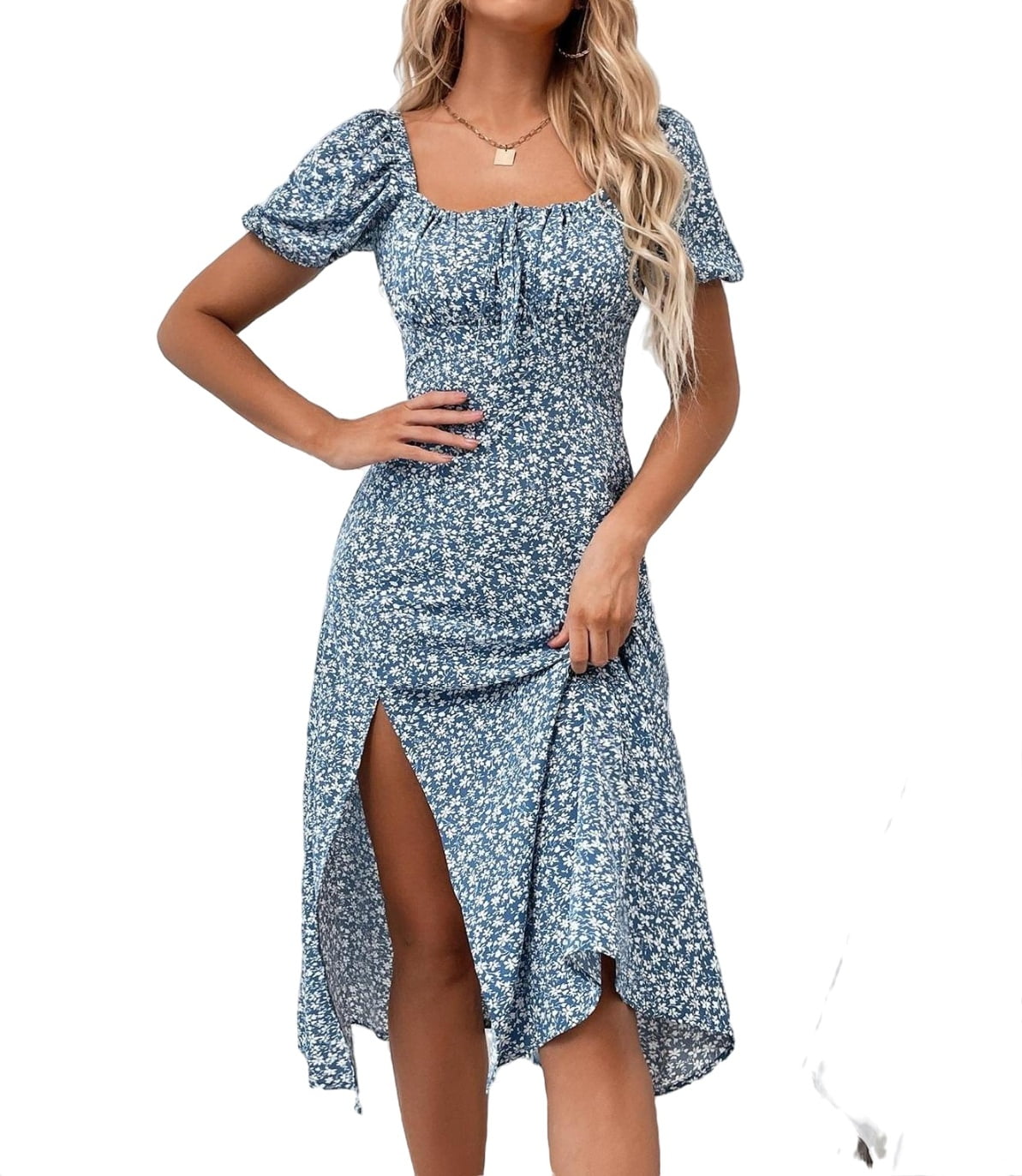 Boho Ditsy Floral Square Neck A Line Blue and White (Women's Dresses