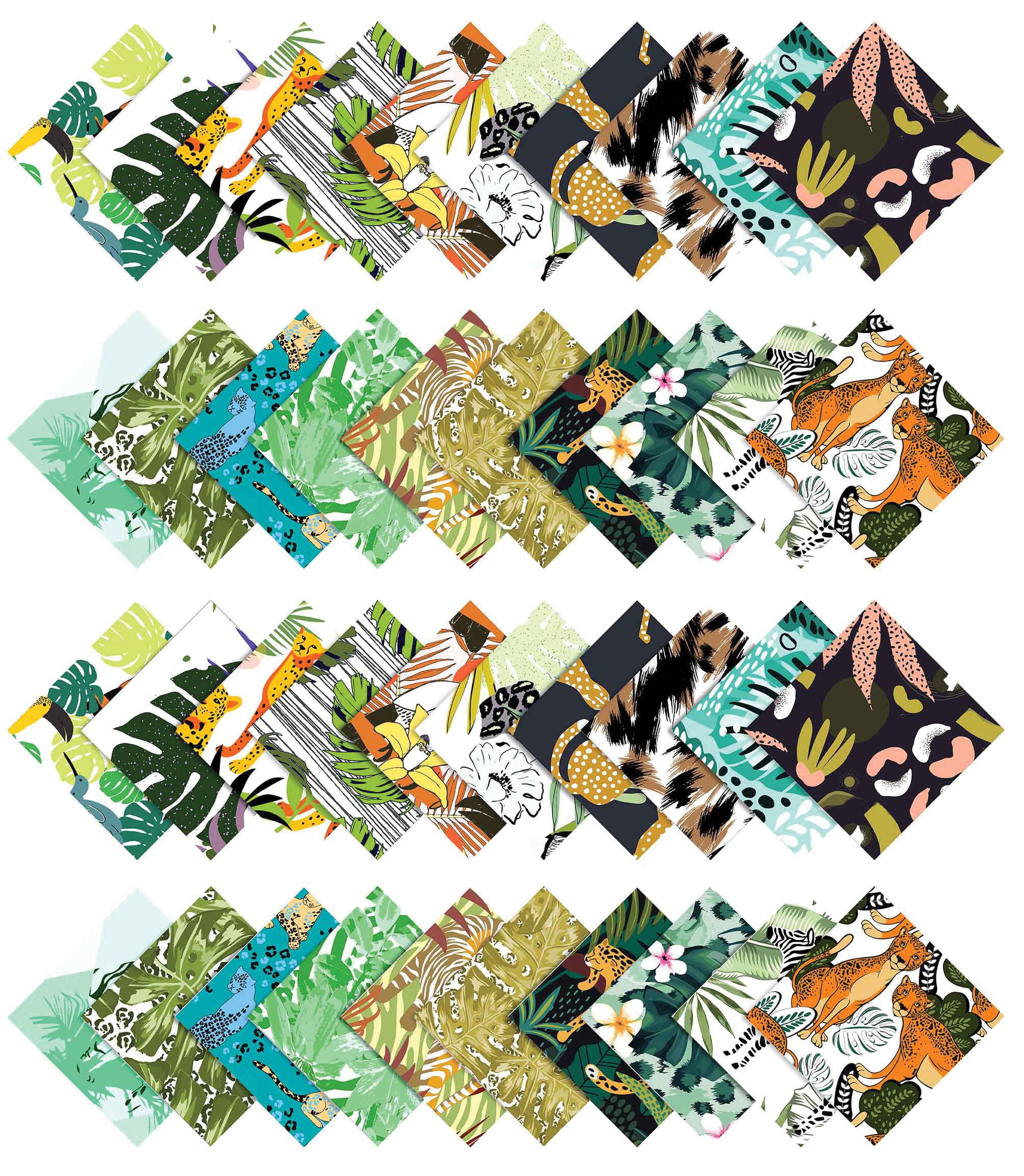 Soimoi 40Pcs Tropical Print Cotton Precut Fabrics For Quilting Craft Strips 2.5 inches Jelly Roll - Black & Green
