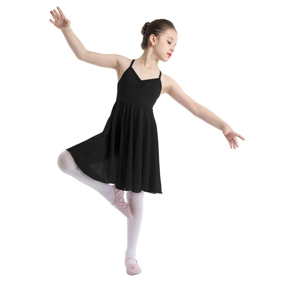 LiiYii Kids Girls Gymnastics Leotard Sleeveless Ruffled Chiffon Skirt Ballet Lyrical Dance Dress Black L