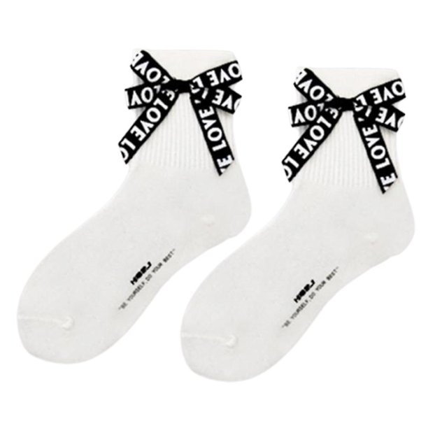 White Calcetines de algodón Harajuku para mujer, medias de estilo Hip Hop con lazo estampado de letras dulces de Lolita