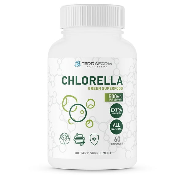 TerraForm Nutrition Pure Chlorella Supplement - Green Superfood 1000mg per Serving Daily, High Potency Vegan Super Food - 30 Servings