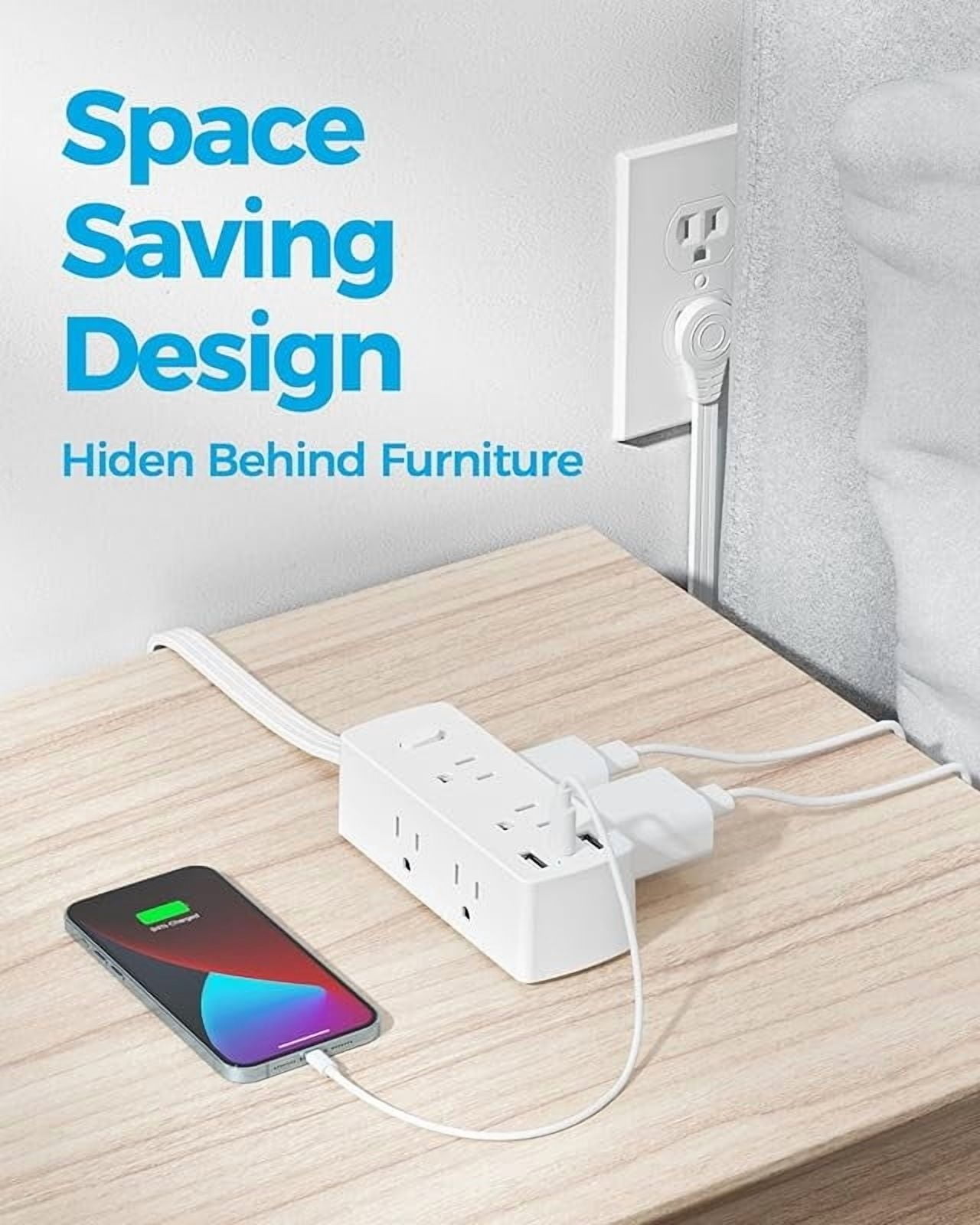 Power Strip Sur Protector, Ultra Thin Flat Plug Extension Cord 5ft, 6 Outlets 3 USB Ports(1 C), Sided Outlet Extender for Home Office Travel Dorm Room Essentials, White