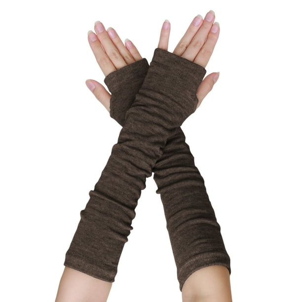 Lady Thumb Hole Stretch Wrist Arm Warmer Fingerless Gloves Pair Brown