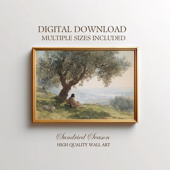 Christ Under Olive Tree Art Print, Peaceful Jesus In Countryside, Inspirational Christian Wall Decor For Home, Office Or Prayer Room UNFRAMED Poster, Wall Art for Decor, Present, 8x12