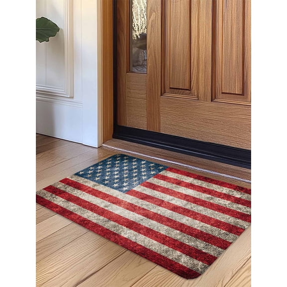 American Flag Door Mat Indoor Outdoor Entrance, Non Slip Small Rug for Kitchen Bathroom Entryway Rug, Vintage Blue Red USA Flag Washable Doormat Floor Mat for Office Home Decor 16x24 Inch
