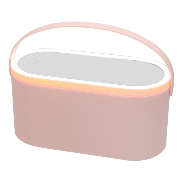 Organizador de maquillaje portátil con espejo con luz LED para viajes, caja de cosméticos con espejo con interruptor táctil, rosa