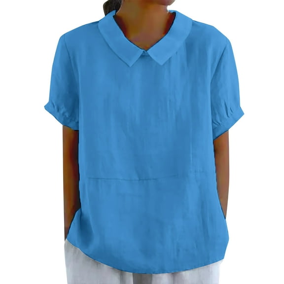 Besolor Women Summer Cotton Linen Tops Collared Short Sleeve Plus Size Shirts Casual Loose Solid Dressy Blouse Tunic
