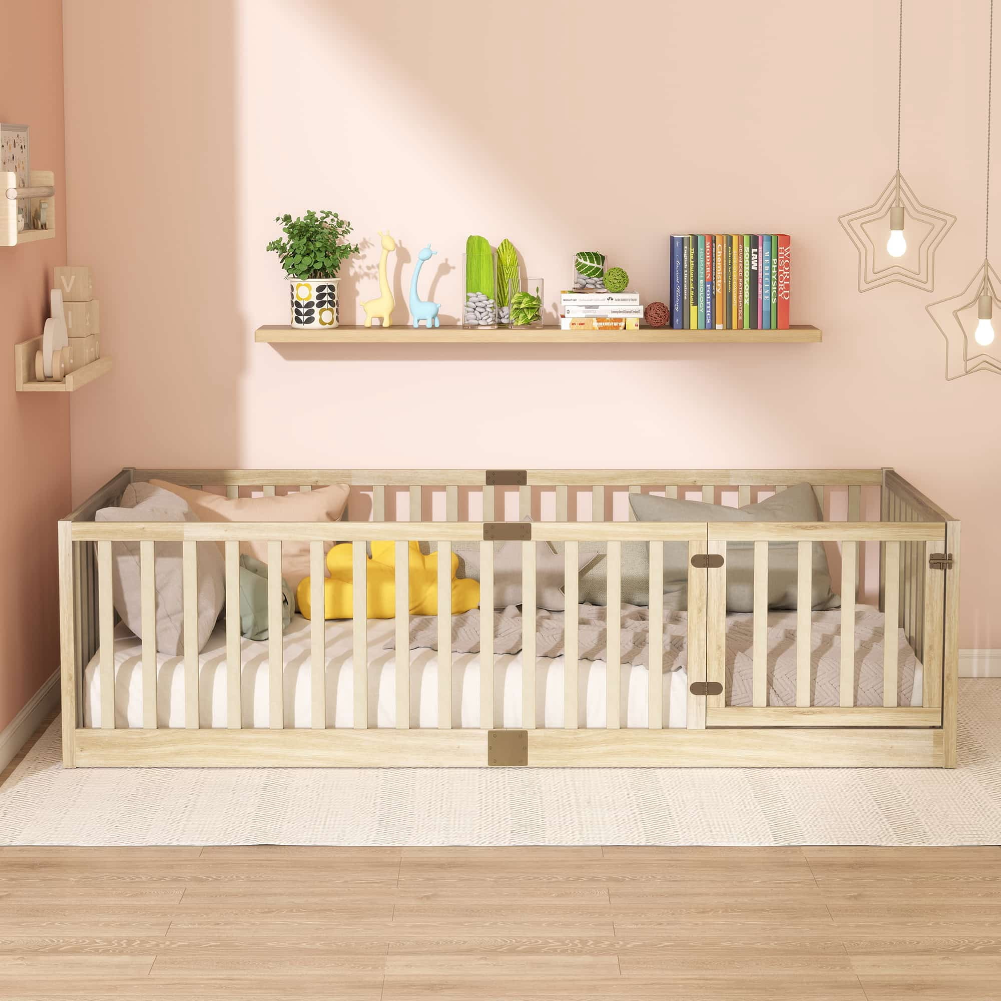 UHOMEPRO Twin Floor Bed with High Fence & Door, Montessori Floor Bed with 21.5" Safety Guardrails, Solid Wood Twin Beds Frame for Kids Girls, Boys, with Slats, Natural