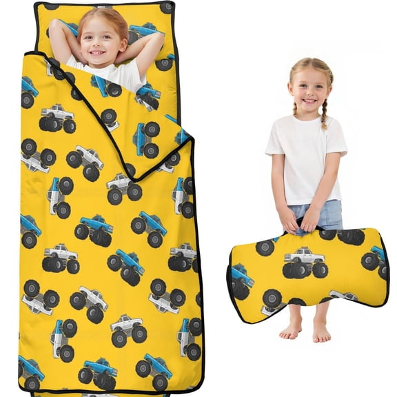 Monster Cartoon Truck Yellow Pattern Teens Toddler Nap Mat with Pillow, Sleeping Mat Bag for Preschool Daycare 59"x22"