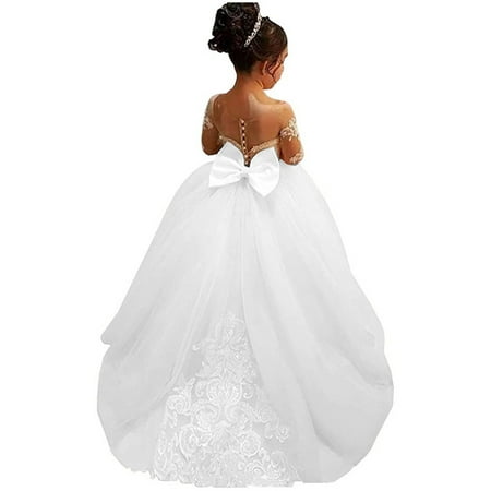 

TIREOW Comfortable Girls Dress Baby Girl Long Sleeve Tulle Princess Dresses Flower Child Wedding Dress Girls Train Lace Dress Elegant Beautiful Ceremonial Dress(2-3 Years WH2)
