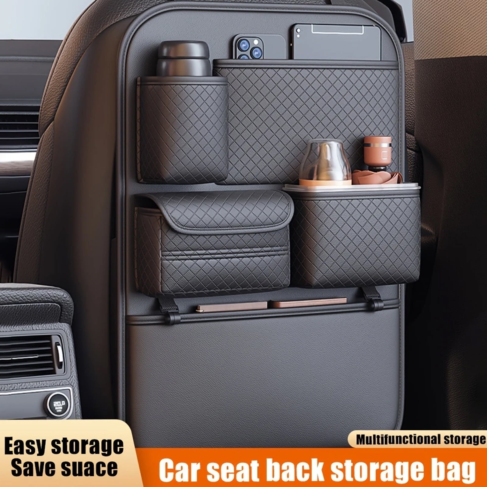 DEXIMRO 2 Pack Car Seat Back Organizer Large Capacity Handbag Holder With Side String Bag Pockets Hanging Carbon Fiber Texture Automobile Storage Bag Behind Seats(Black)