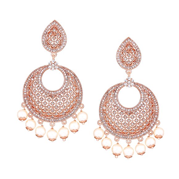 Estele Fashion Jewellery Pendientes Colgantes De Diseño Atractivo Con Circonitas Chapadas En Oro Rosa Con Perlas Para Niñas Y Mujeres-Ad-104/703 Er