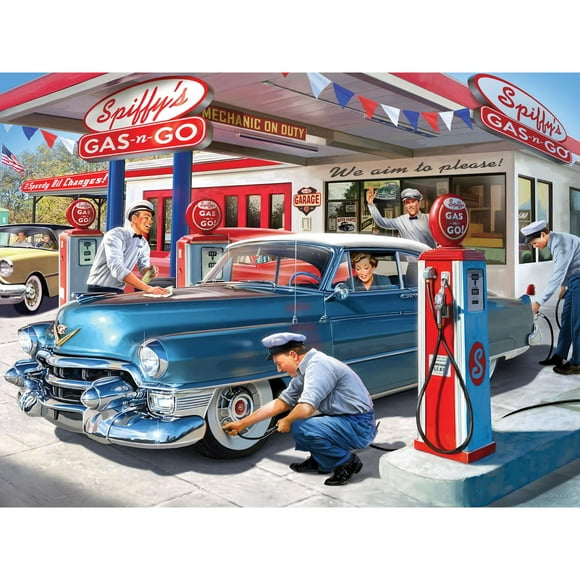 Pièces et Morceaux - Casse-Tête de 300 Pcs pour Adultes - 18 Pouces x 24 Pouces - Station-Service des Années 50 - Grande Pièce de 300 Pcs Voitures Classiques Station-Service Casse-Tête par Larry Jones