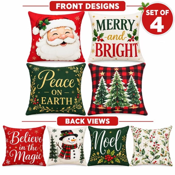 Christmas Pillow Covers Set of 4, Double Sided Santa Snowman Plaid Tree Decorative Throw Pillow Covers, Polyester Linen Holiday Home Decor