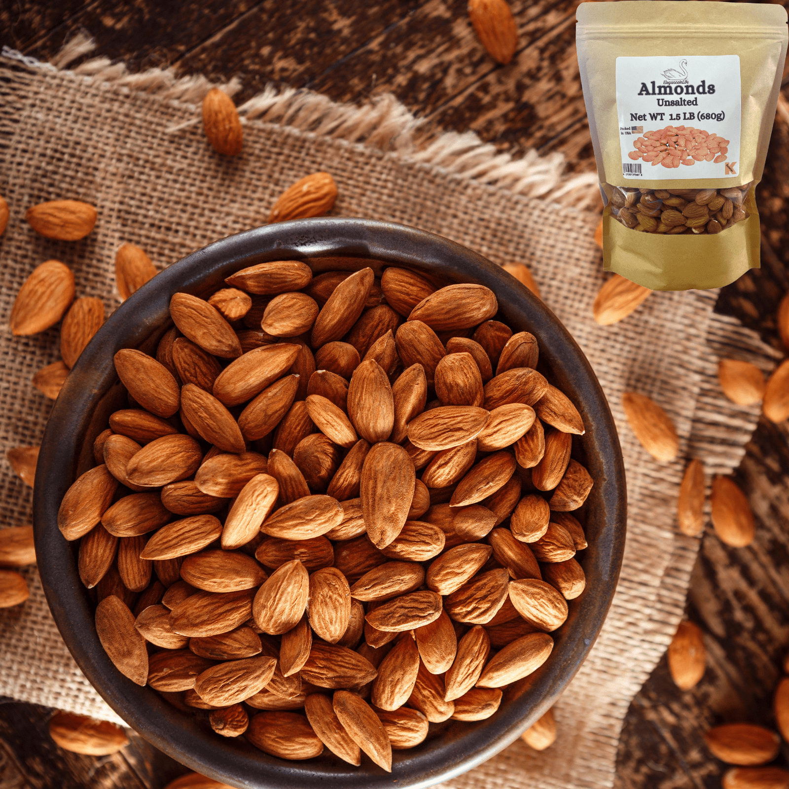 Eleganceinlife Raw Whole Almonds Unsalted 1.5 LB Packed in USA Kosher Halal Pack of 2
