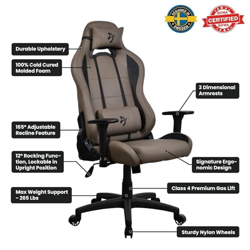 Arozzi Torretta Soft PU Leather Material Gaming Chair, Durable Ergonomic Office Chair with Adjustable Height, 3D Armrest & 2 Supportive Pillows (Brown)