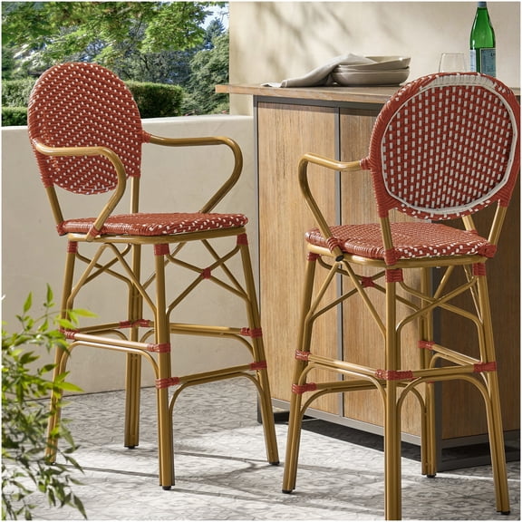 COSMOS Red French Bistro Barstools Set of 2, Outdoor Aluminum Frame with Wicker Weave, Bamboo Print Finish, Patio Cafe Style Seating
