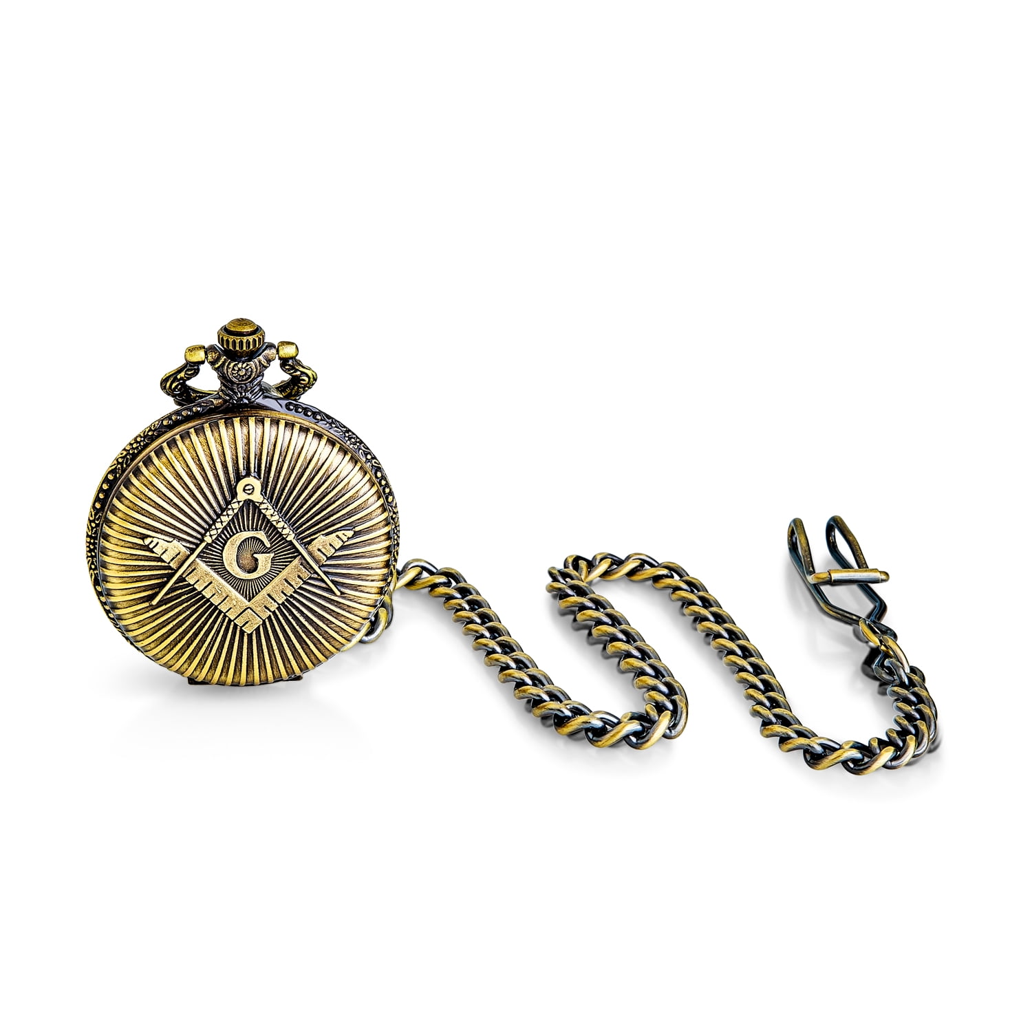 Mens Two Tone Freemasonry Compass Roman Numeral White Skeleton Dial Quartz  Freemason Masonic Symbol Pocket Watch for Men Bronze Plated With Long 