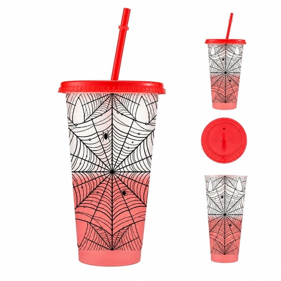Spider Color Changing Cups, Cold Activated Color Changing Spider Web Tumbler, 24oz Reusable Plastic Cup with Lid & Straw, Halloween Spider Iced Drink Tumbler for Party Favors, Travel, Daily Use