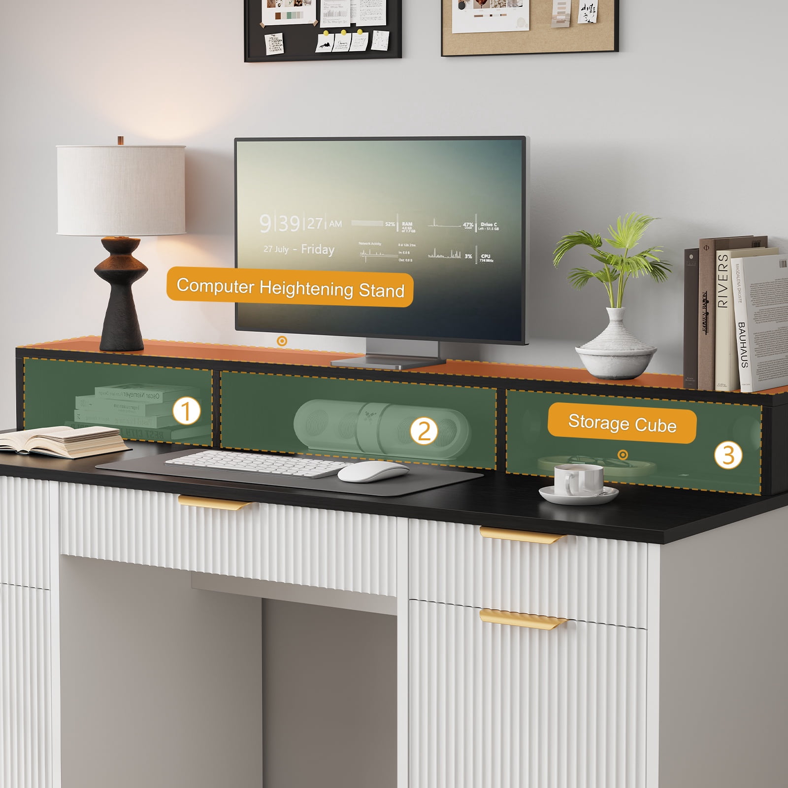 Executive Office Desk, 59" Computer Table with Power Outlets and Monitor Stand, Home Office Writing Desk with Keyboard Storage Drawer and File Cabinets, White & Black