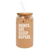16oz Can Shaped Glass Iced Coffee Cup with Bamboo Lid and Straw Gift Dance Eat Sleep Repeat