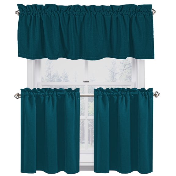 Native Fab 100% Cotton Kitchen Curtain Tiers Valance Set - Rod Pocket style 3 Piece - Teal Green