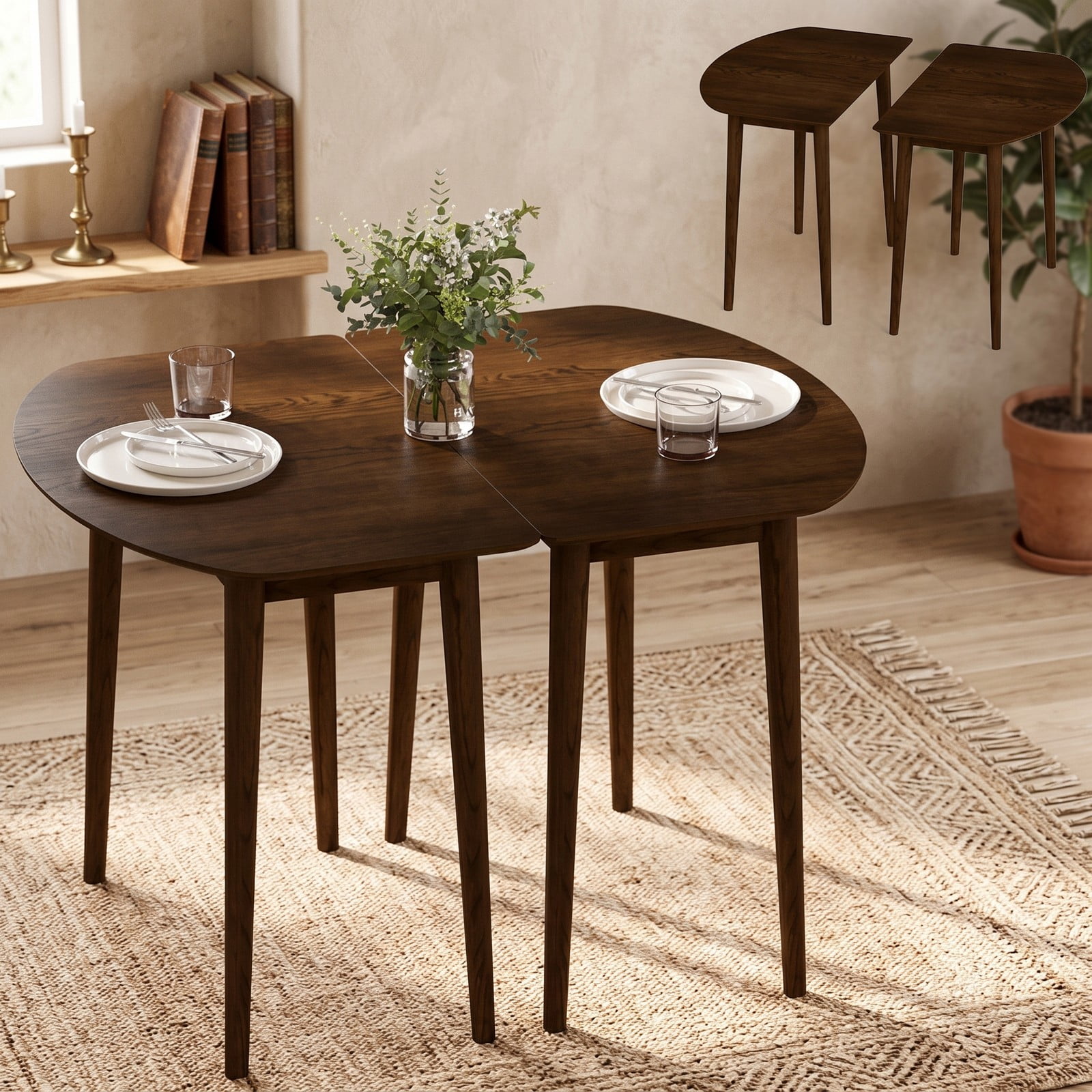 Furnibear Extendable Oval Dining Table Set with 2 Half-Round Tables, Seats 4-6, MDF and Rubber Wood Kitchen Dining Room Farmhouse Table for Small Spaces, Walnut