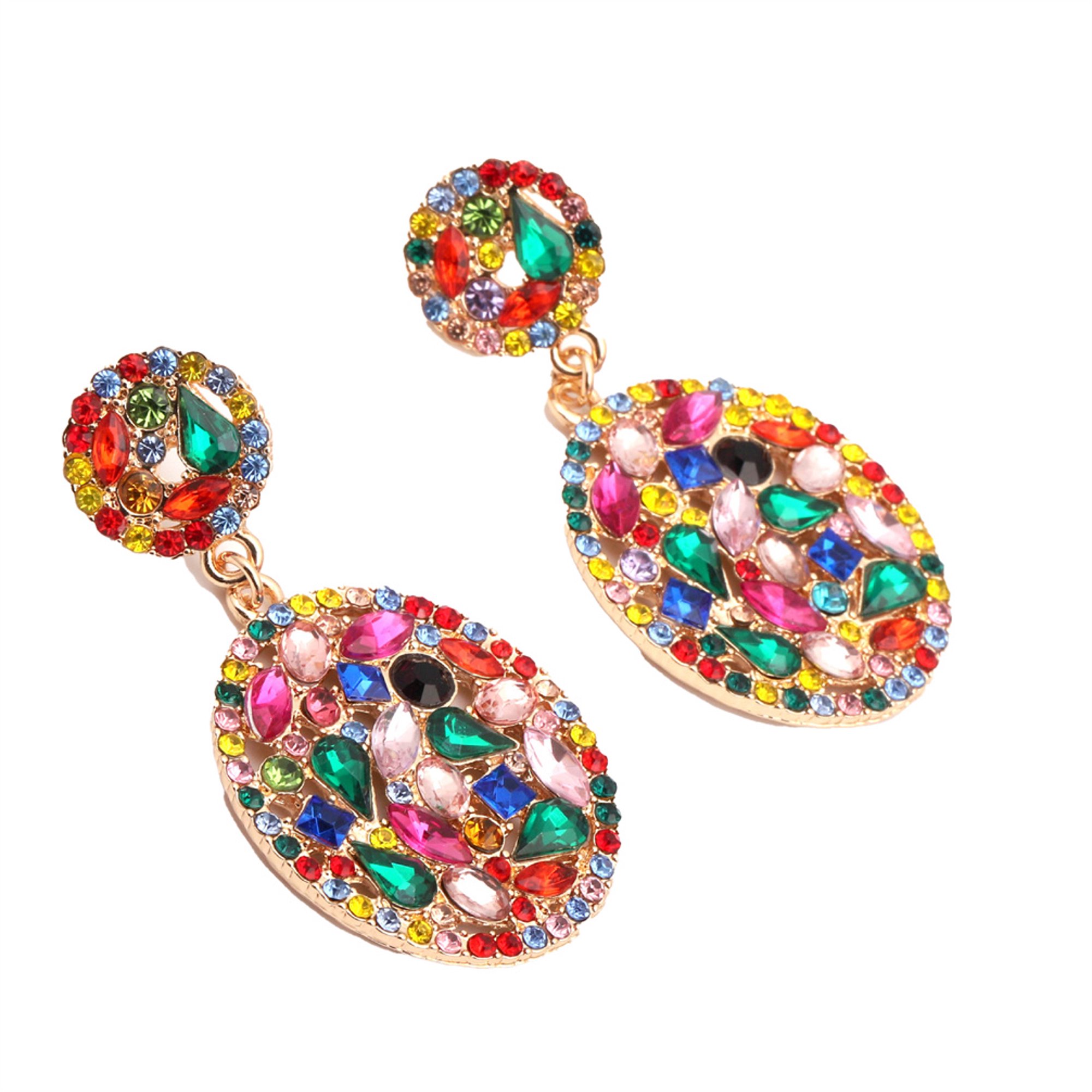 HIRPLIS Colorful Drop Dangle Earrings for Women Oval Hollow Out Stainless Steel Gold Plated Cubic Zirconia Gem Chandelier Vintage Rainbow Personalized Gift Jewelry Colorful