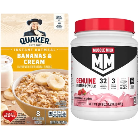 Muscle Milk Protein Powder Strawberry and Quaker Instant Bananas Oatmeal