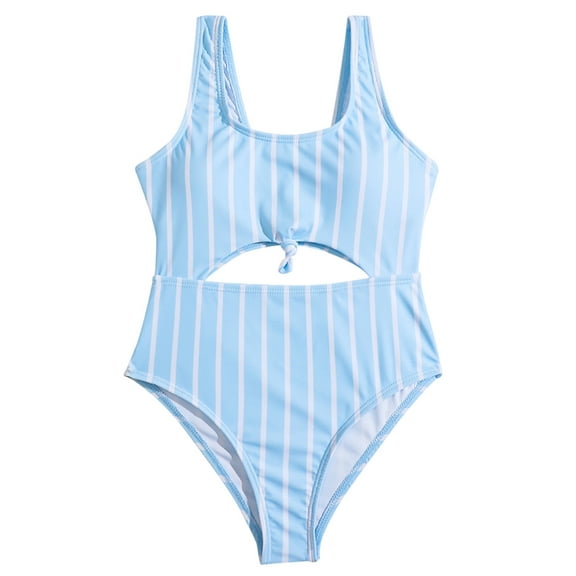 URMAGIC 7-14T Child Girls Scoop Neck One Piece Swimsuit Cut Out Bathing Suit Monokini Swimwear/Stripe Blue