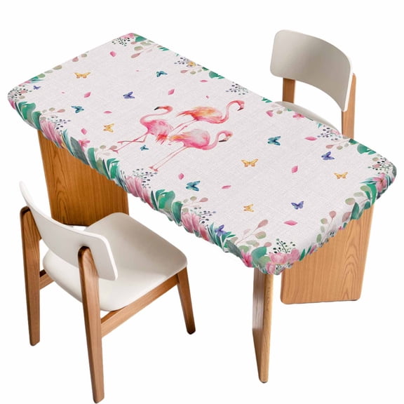 Pink Flamingo Table Cloths for 5 Foot Rectangle Tables, Tropical Botanical Summer Flower Rustic Patio Waterproof Elastic Fitted Tablecloths, Washable Rectangular Table Cover for Camping