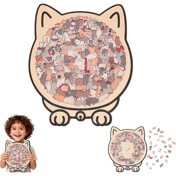 Cat-Shaped Wooden Jigsaw Puzzle, Cute Cat Collage Puzzle for Adults, Standable Decorative Puzzle, Perfect Gift for Cat Lovers