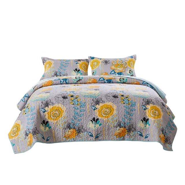 Benjara BM226433 Fabric Quilt with Floral Pattern, Multi Color - King Size - 3 Piece